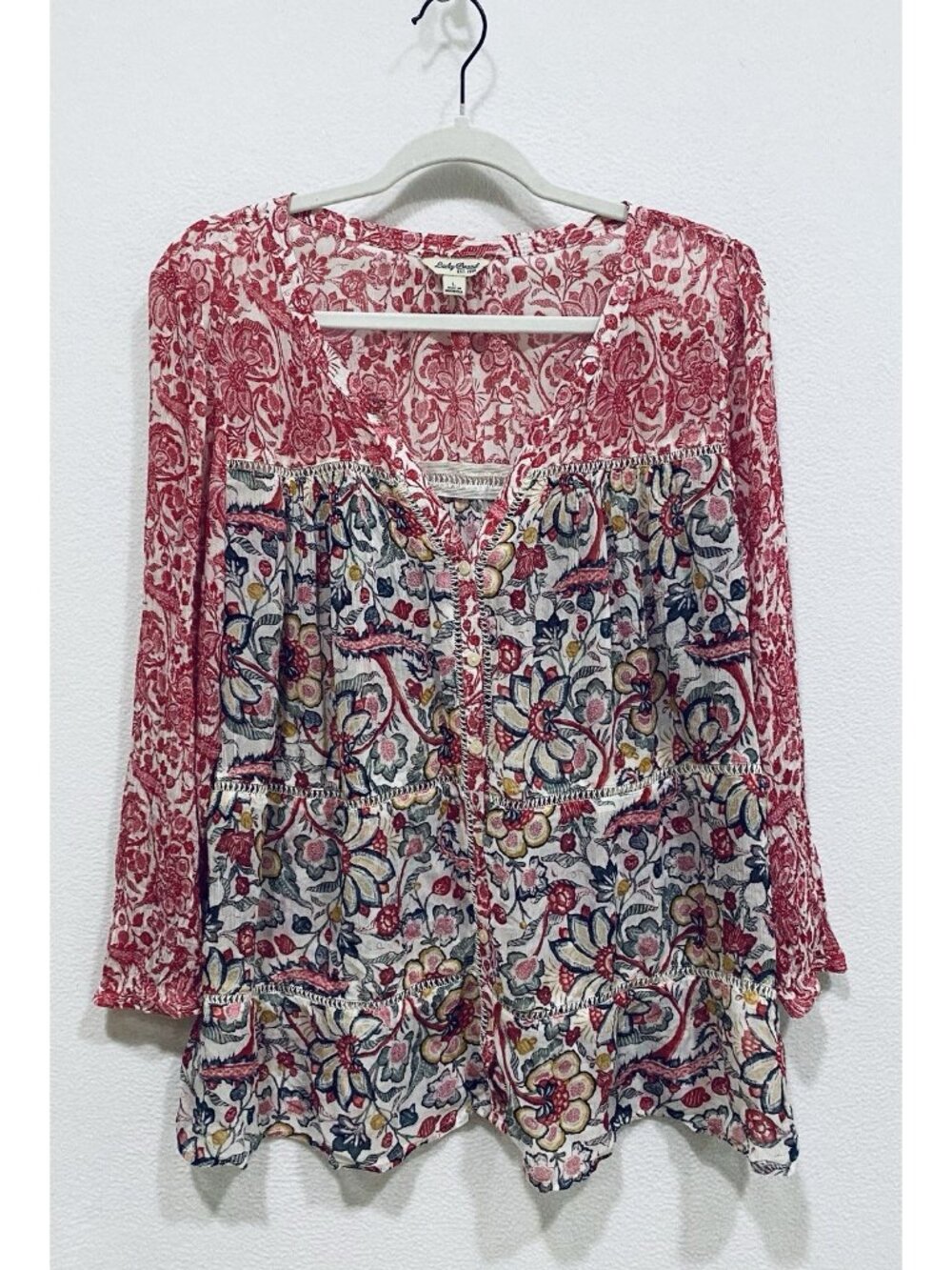 Lucky Brand Top Womens Large Red Floral Sheer Crochet Button Up Boho Peasant
